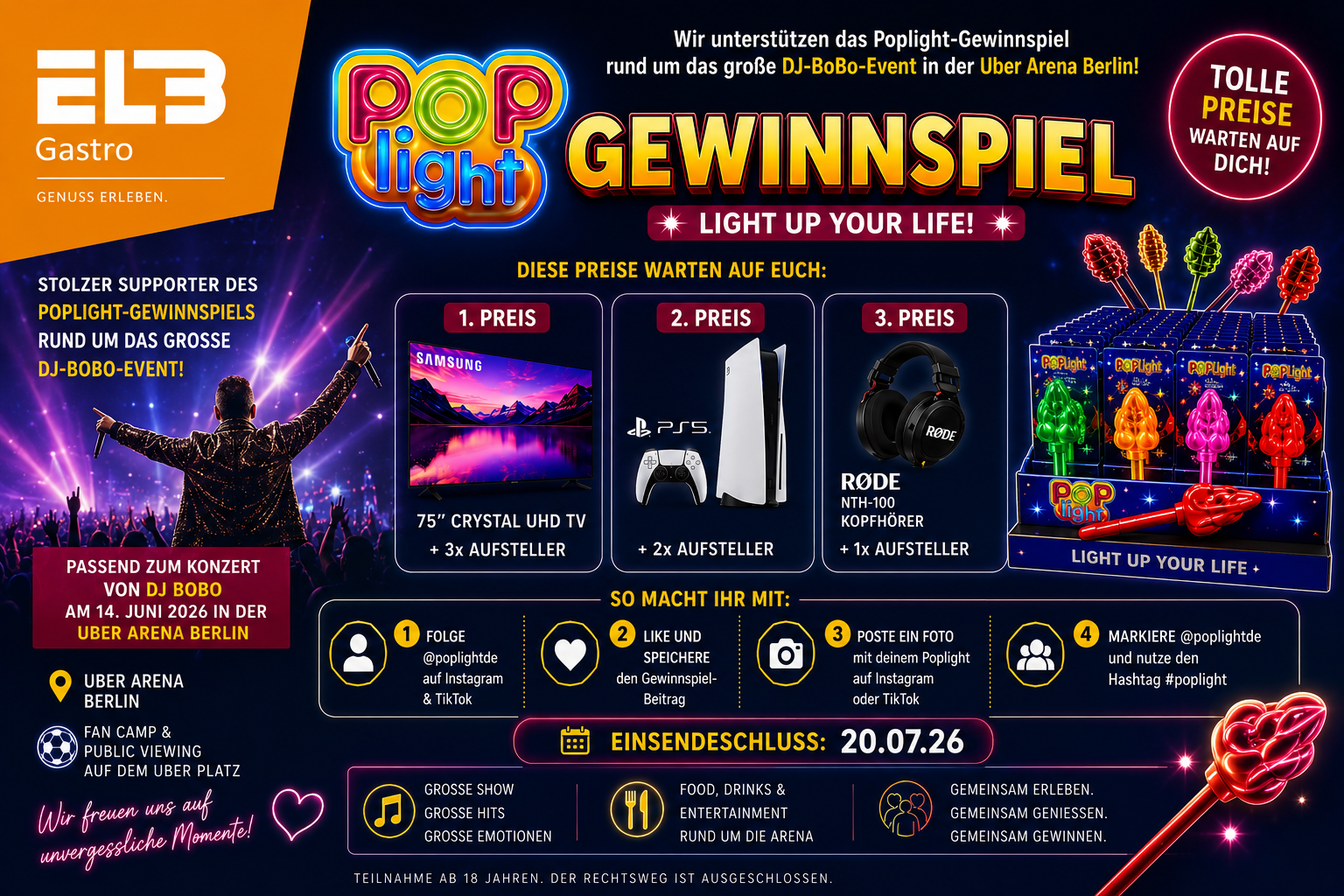 ELB-Gastro unterstützt das Poplight-Gewinnspiel beim DJ-BoBo-Event in der Berliner Uber Arena