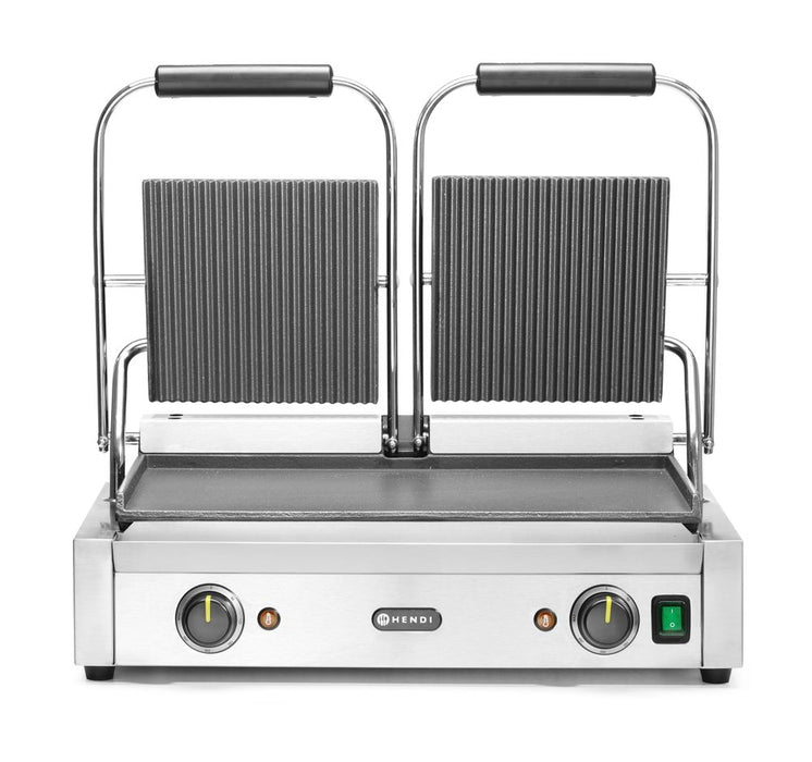 Kontaktgrill - Doppelversion, HENDI, oben gerillt, unten glatt, 230V/3600W, 570x375x(H)216mm