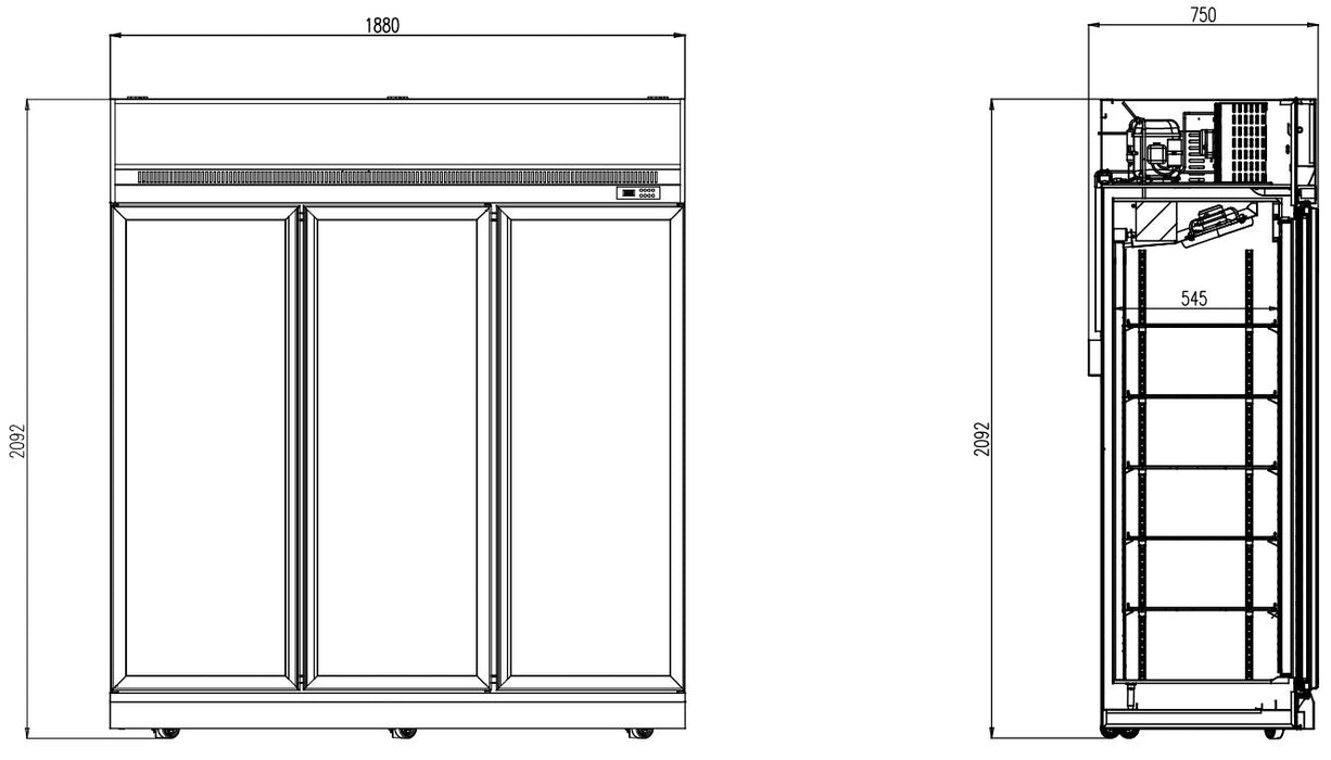 CombiSteel Kühlschrank 3 Glastüren Schwarz Ins-1530R Bl