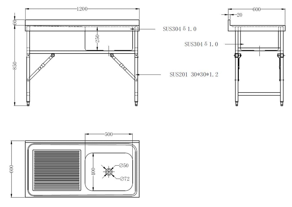 CombiSteel 600 Zusammenklappbare Spültisch 1200 1R