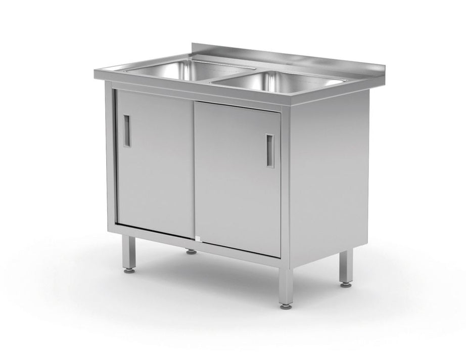 Tisch mit 2 Spülbecken, Schrank – verschweißt, mit Schiebetüren, HENDI, Profi Line, 1000x600x(H)850mm