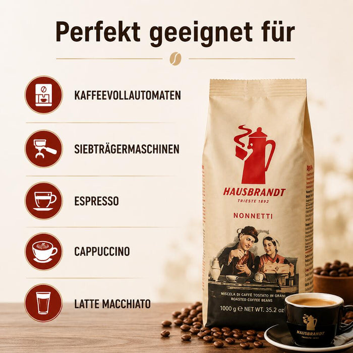 Hausbrandt Nonnetti Espresso Kaffeebohnen – Original italienische Espressobohnen für Vollautomaten & Siebträger