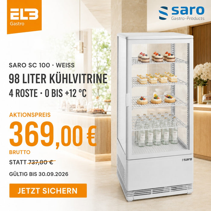Weiße SARO SC 100 Kühlvitrine mit 98 Liter Inhalt und vier verstellbaren Rosten
