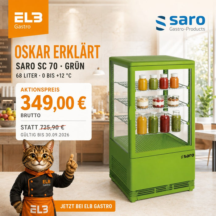 SARO SC 70 grün – Mini-Umluftkühlvitrine, 68 Liter