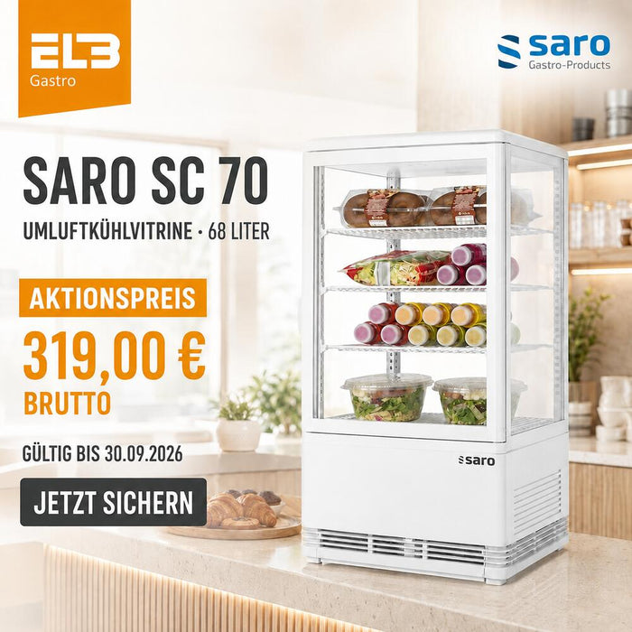 SARO SC 70 Umluftkühlvitrine weiß | 68 L, LED & 3 Roste