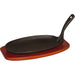 Cast iron serving pan with wooden coaster, dimensions 24 x 14 cm